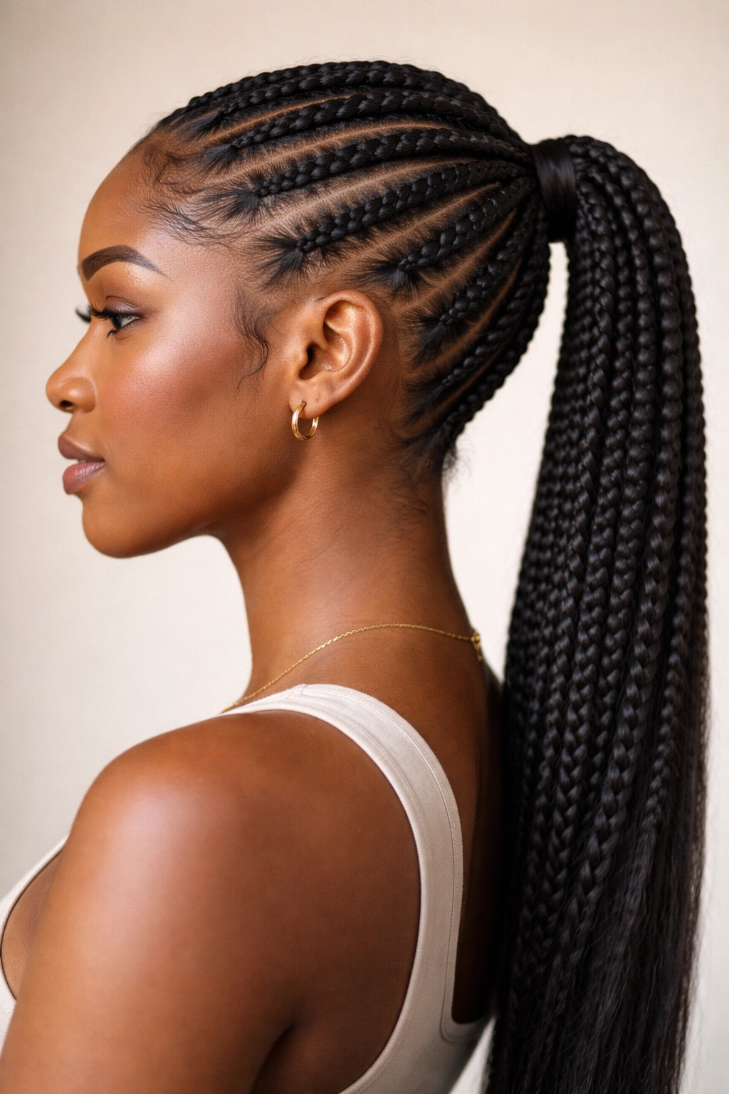 Feeding-in braids taper into a smooth ponytail