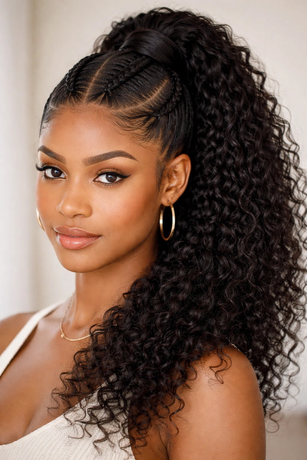 Two feed-in braids merging into a central ponytail