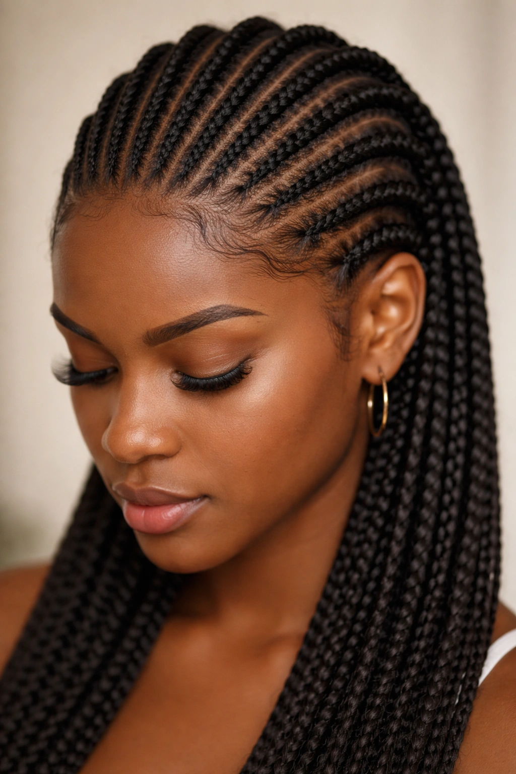 Close-up of feed-in braids with seamless extension transition along the scalp