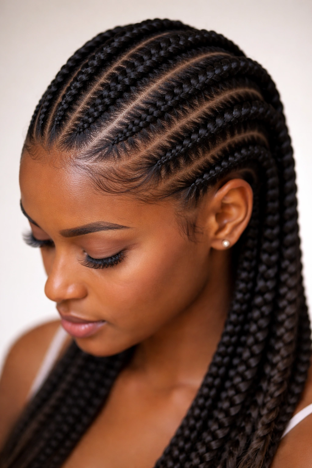 Close-up of feed-in cornrows with gradually thickening braids at the ends