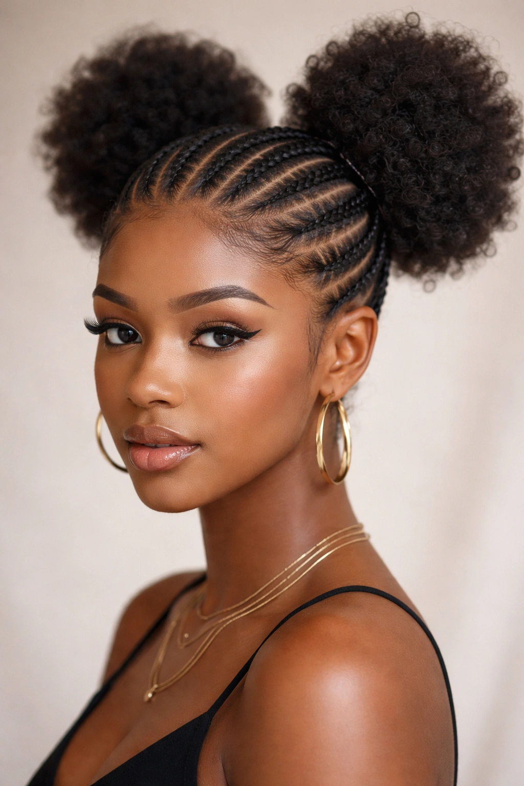 Feed-in cornrows with textured afro puffs for a polished look