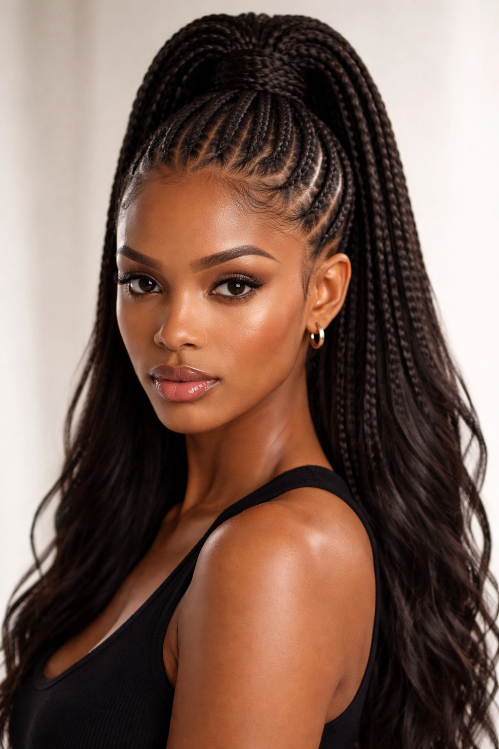 Cornrows with feed-in extensions forming a tall high ponytail