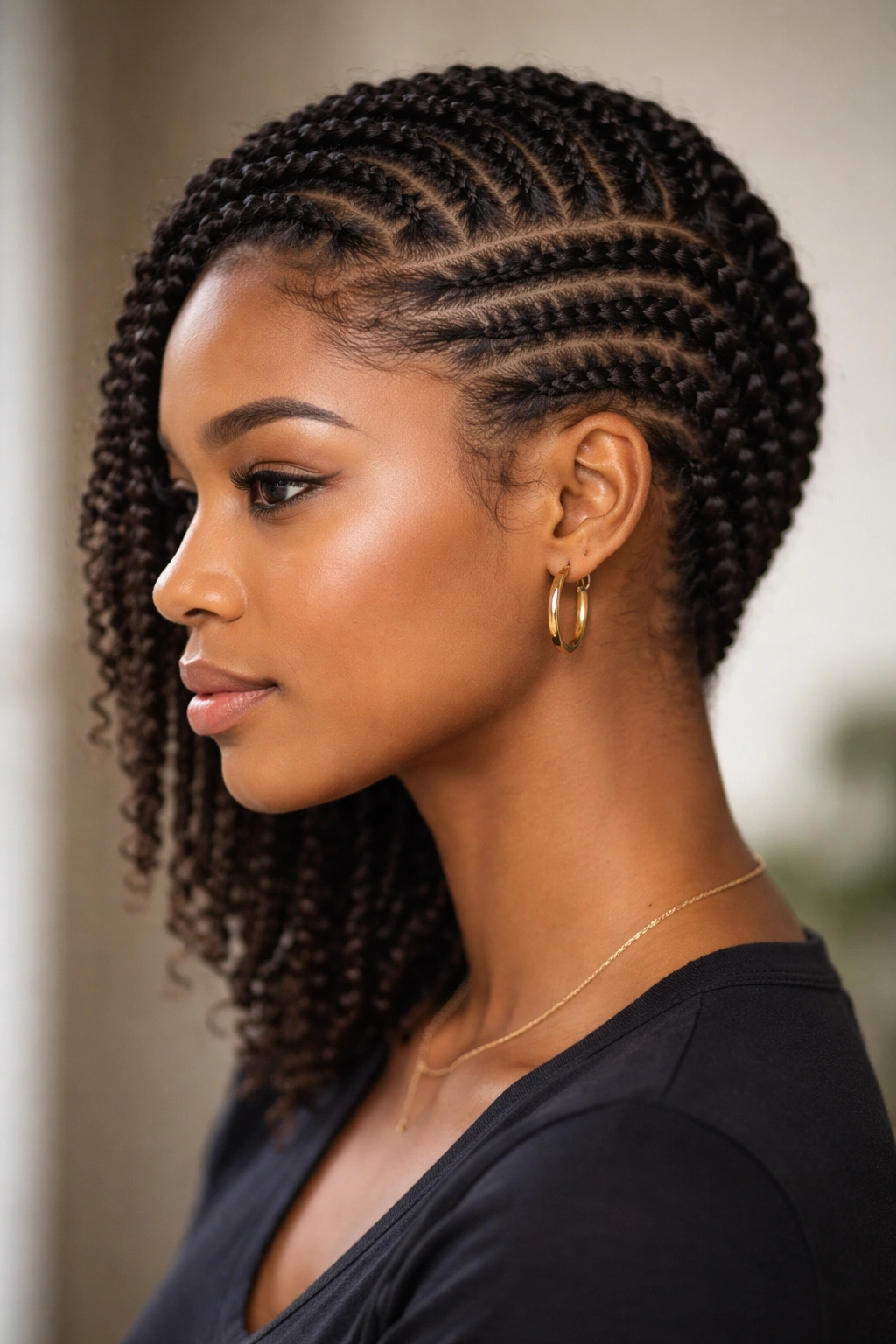 Side view of feed-in twisted hairstyle with tapered twists