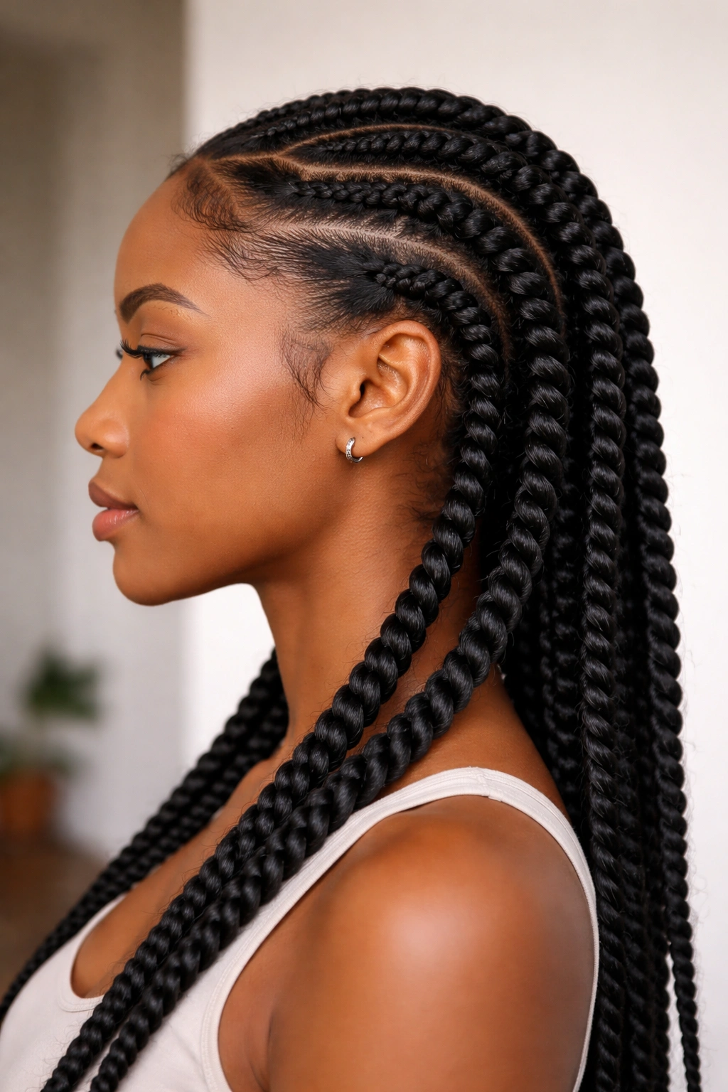 Profile view of feed-in twists showing natural roots transitioning to extensions