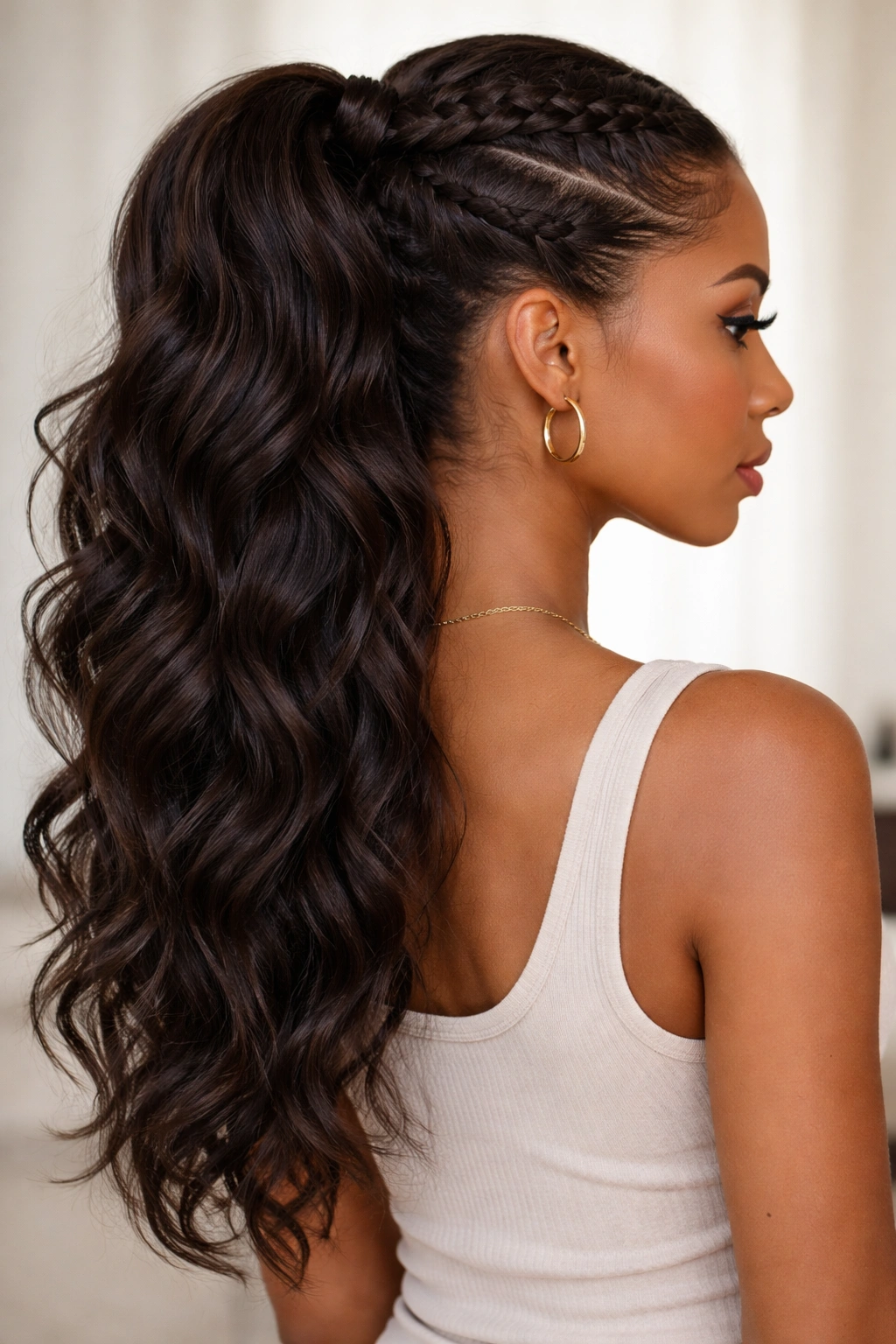 Close-up of feed-in weave pony with thick braided base and loose waves