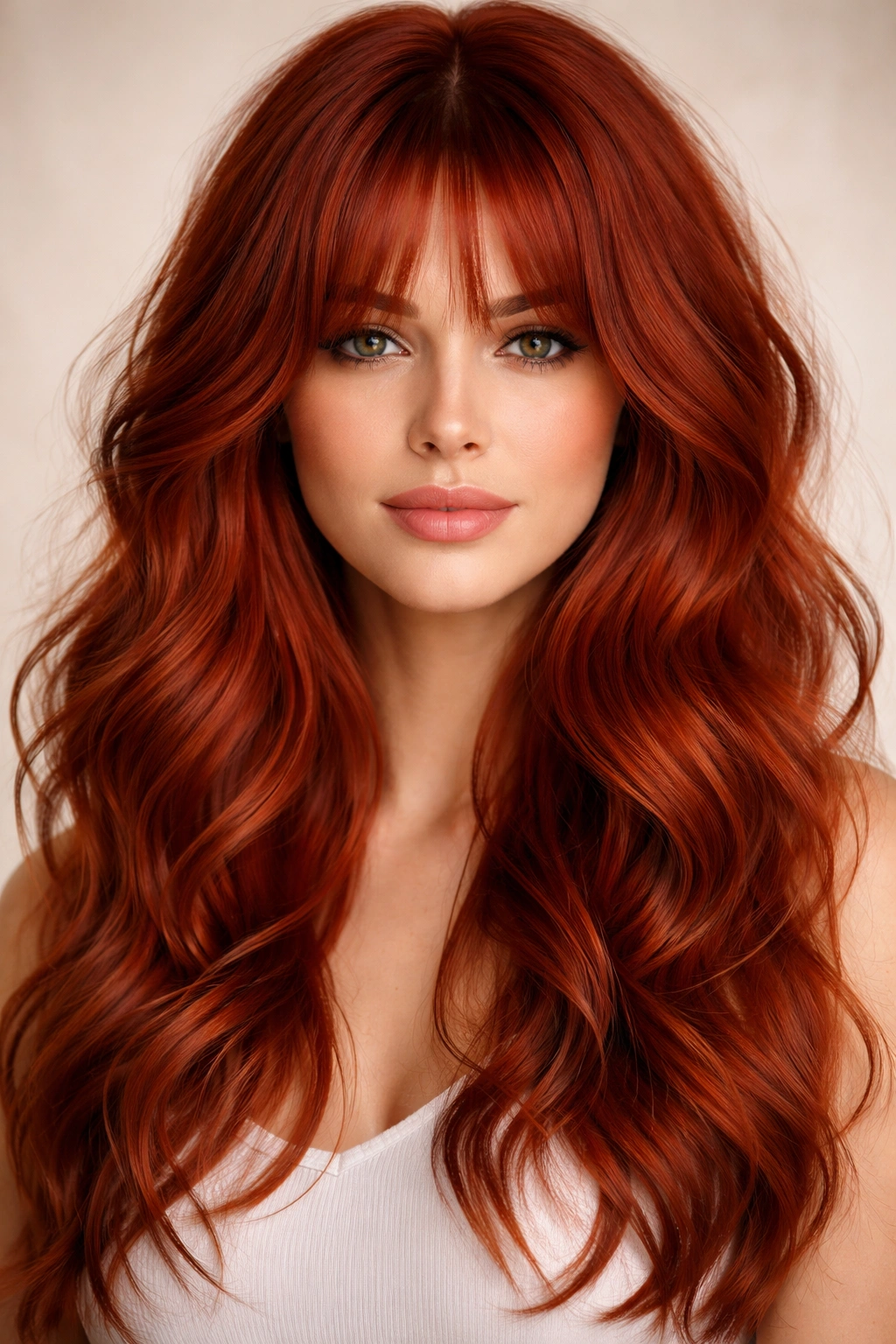 Curtain bangs with fiery red waves framing the face.