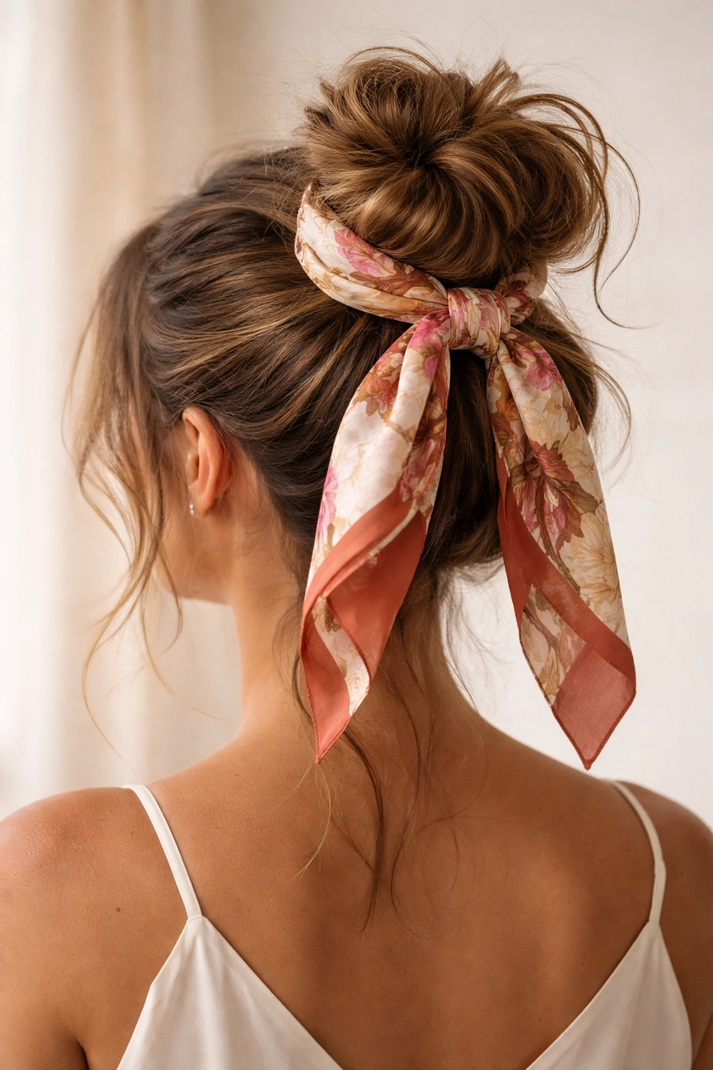 Elegant bun wrapped with silk scarf showing final look