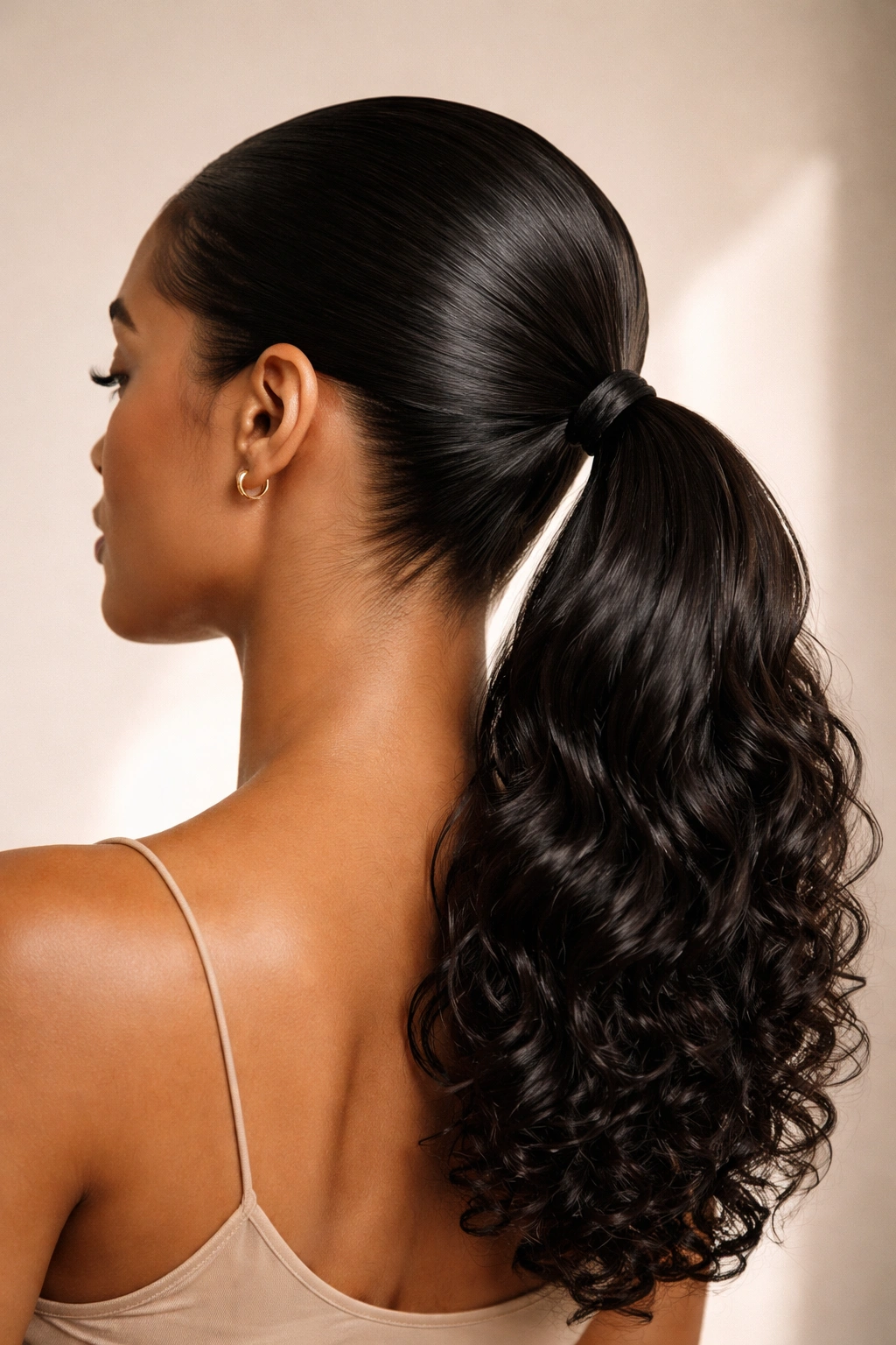 Finished sleek low ponytail on a minimal backdrop