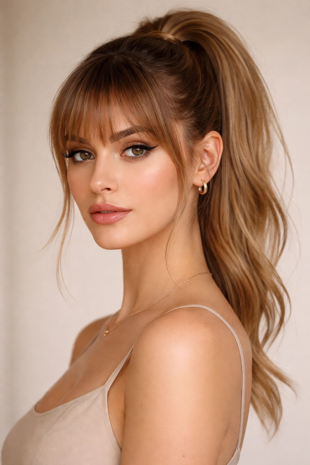 Portrait of a model with balanced bangs and ponytail illustrating final takeaway
