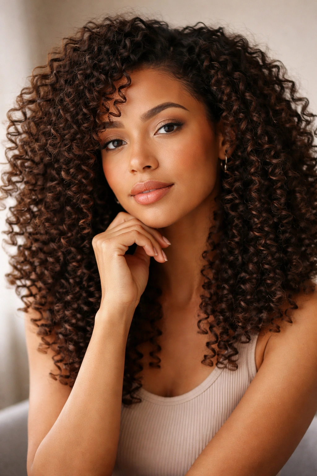 Close-up portrait of a person with defined 3b curls in a thoughtful pose