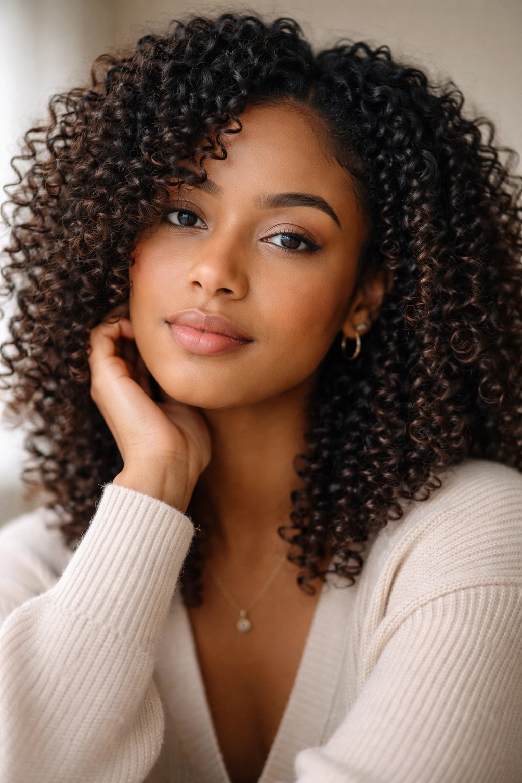 Contemplative portrait of a person with 3c curly hair in a neutral studio setting