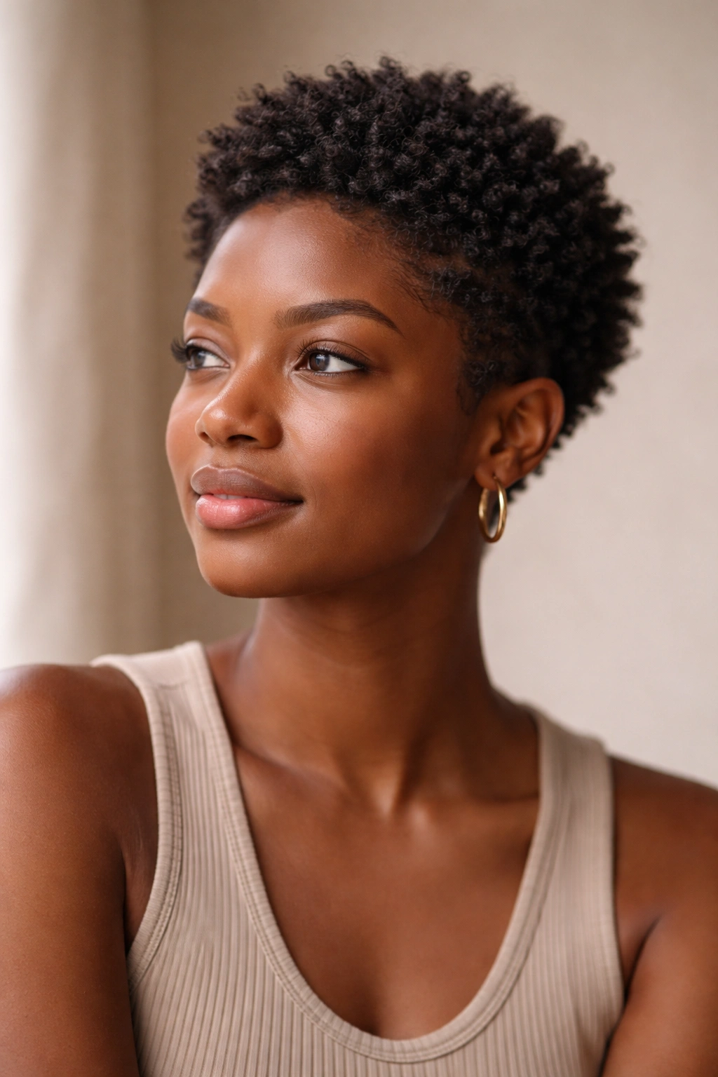 Contemplative portrait of a person with short 4c hair