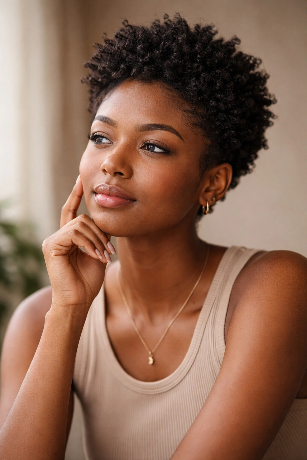 Thoughtful portrait of short 4C hair with calm expression