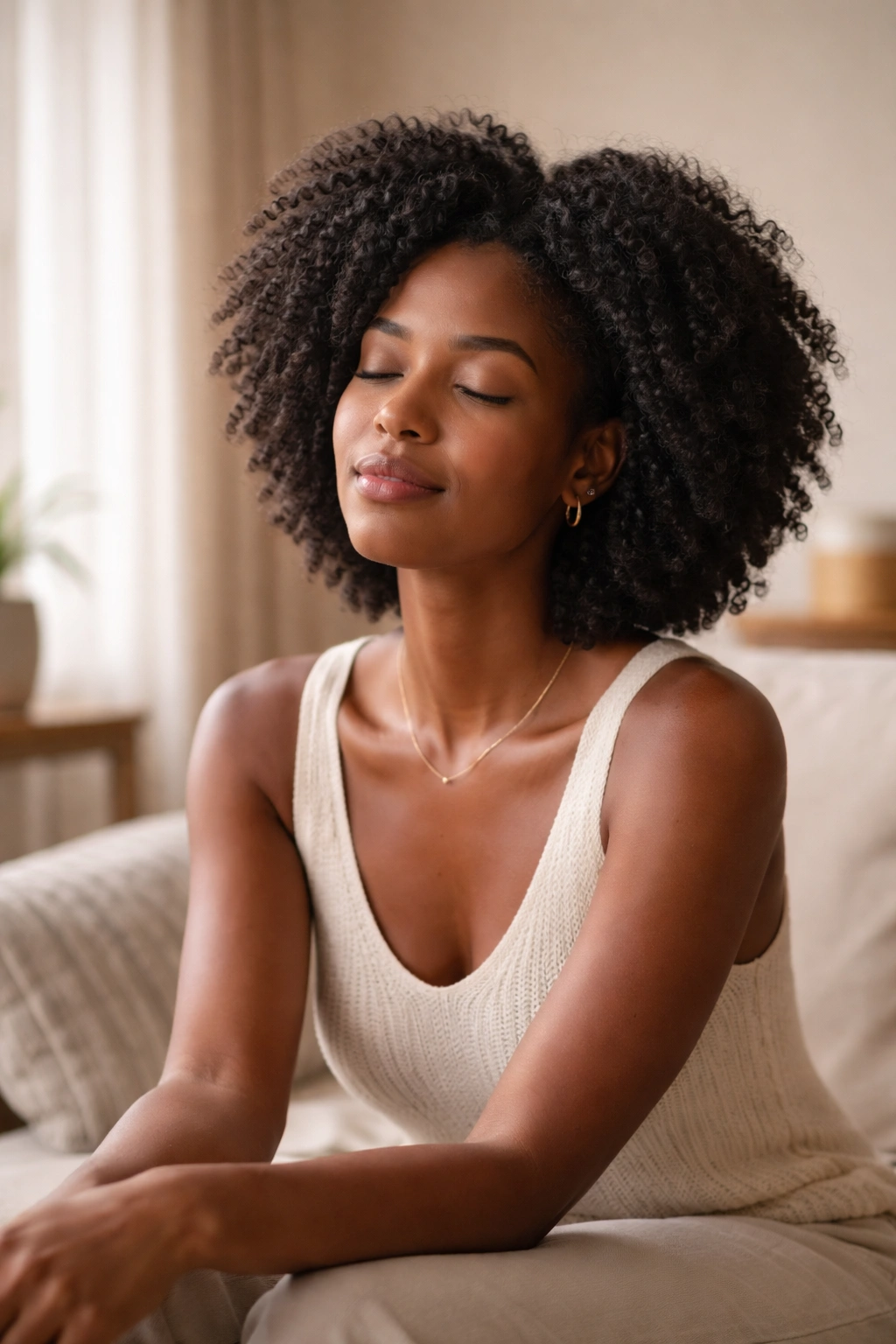 Solitary person in a calm room with contemplative pose reflecting final thoughts on healthy 4C hair care
