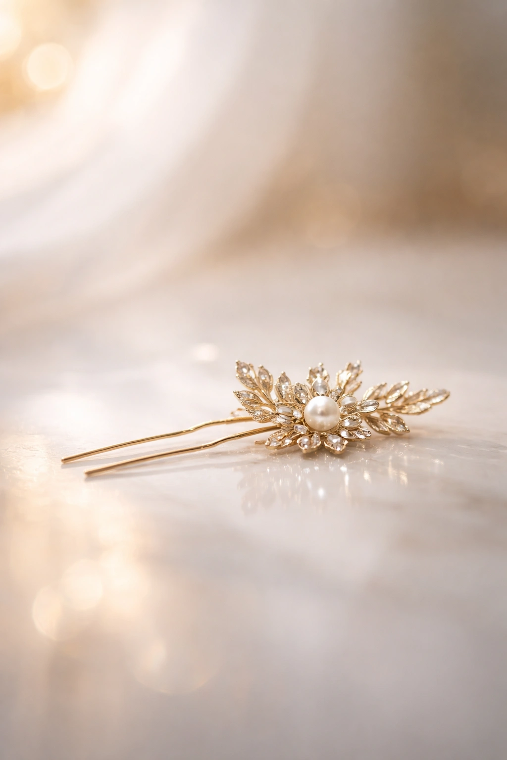Minimalist abstract scene with a single hairpin on a reflective surface
