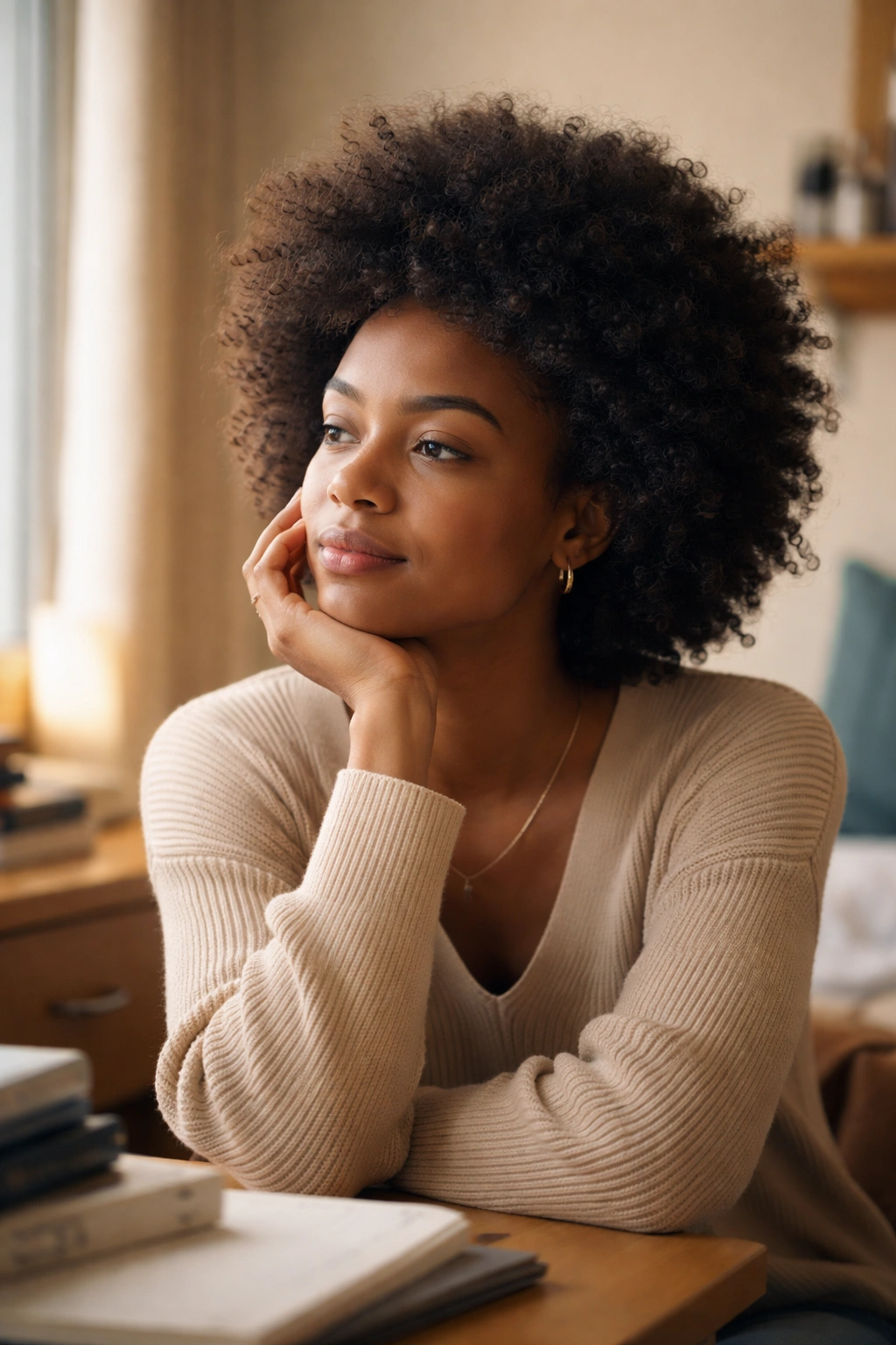 Contemplative student with natural afro in a quiet setting