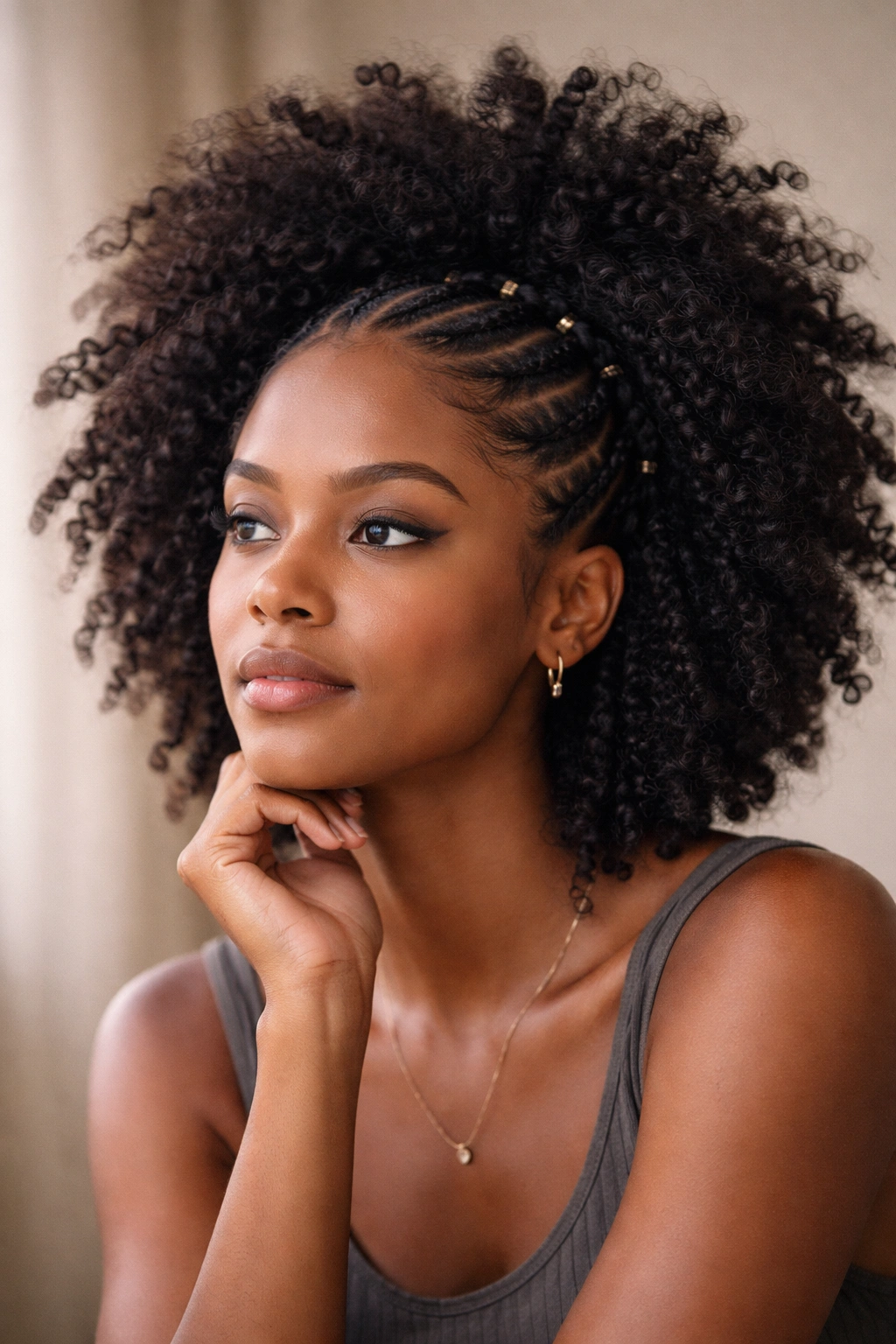 Contemplative portrait of a person with natural afro braided hairstyle