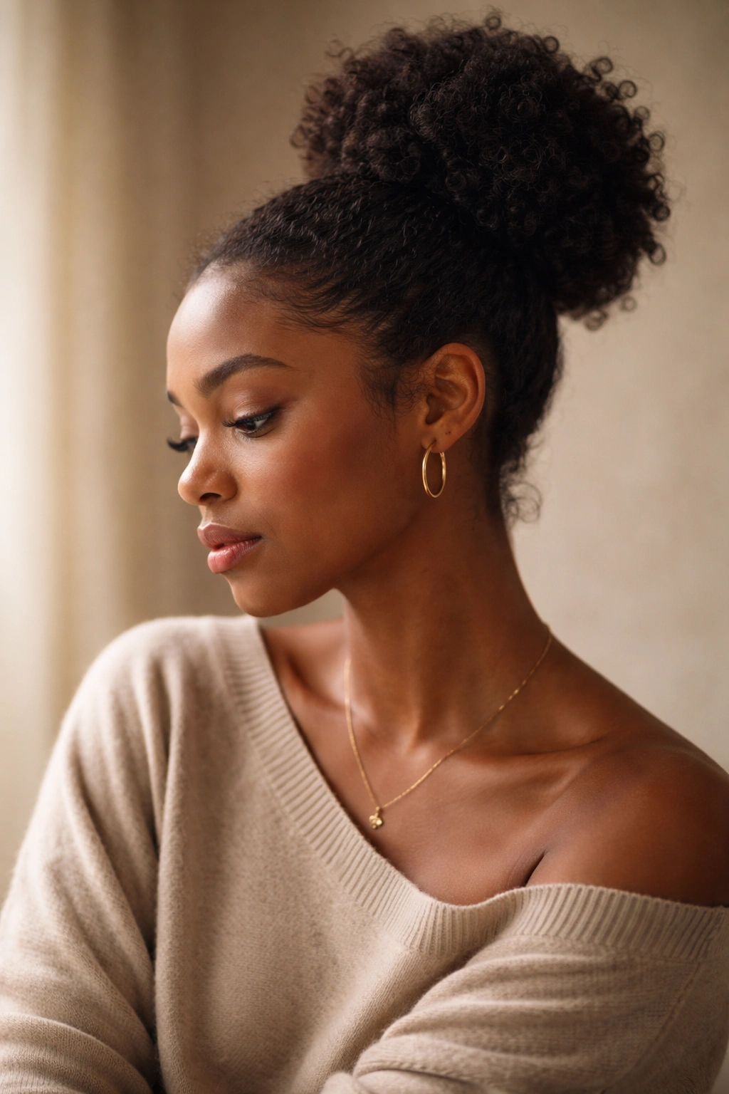 Thoughtful portrait highlighting afro bun hairstyle in warm studio lighting