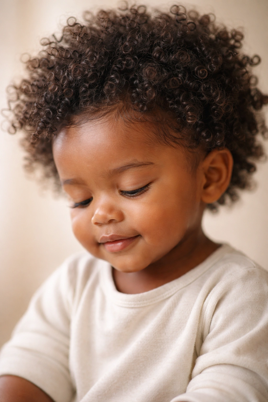 Serene close-up of a toddler's natural curls in soft light