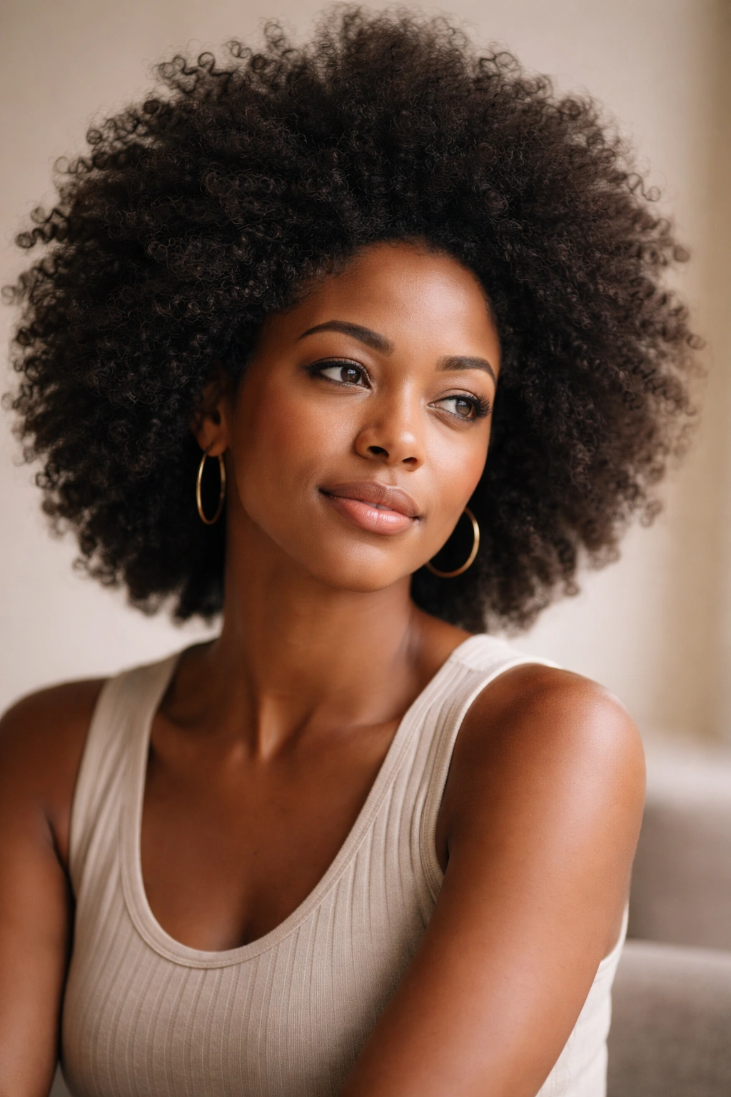 Contemplative woman over 30 with a natural Afro hairstyle in a minimalist studio