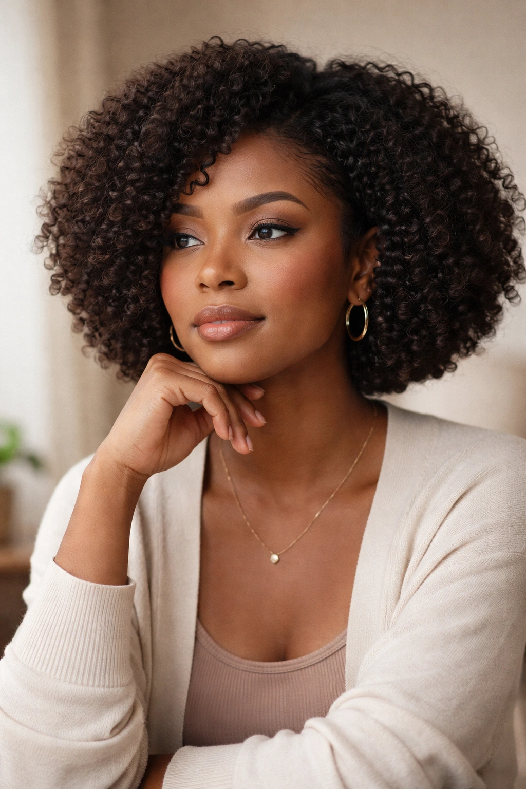 Calm portrait of a person with an Afro bob reflecting confidence and contemplation.
