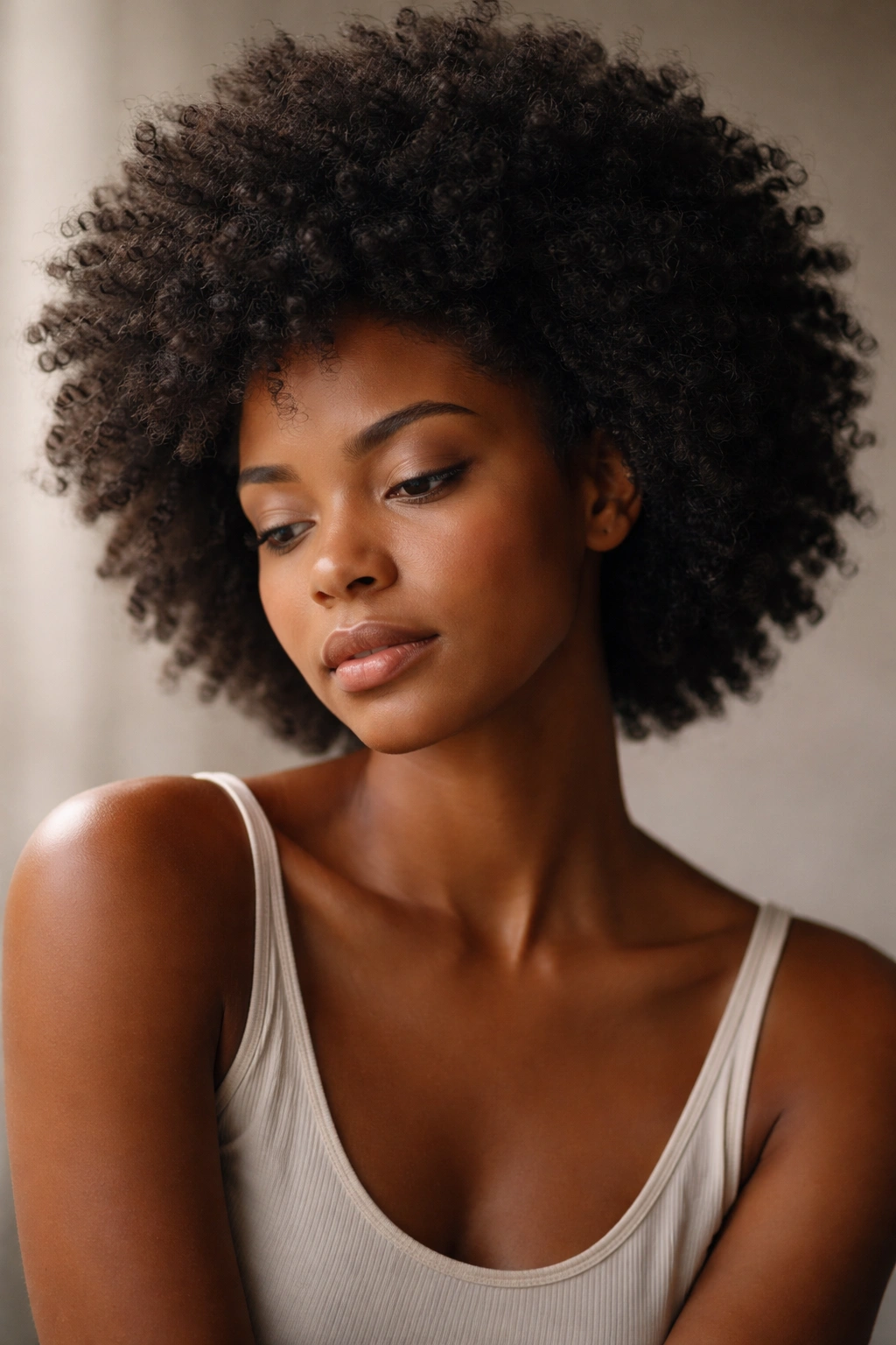 Contemplative afro-haired portrait with calm mood.