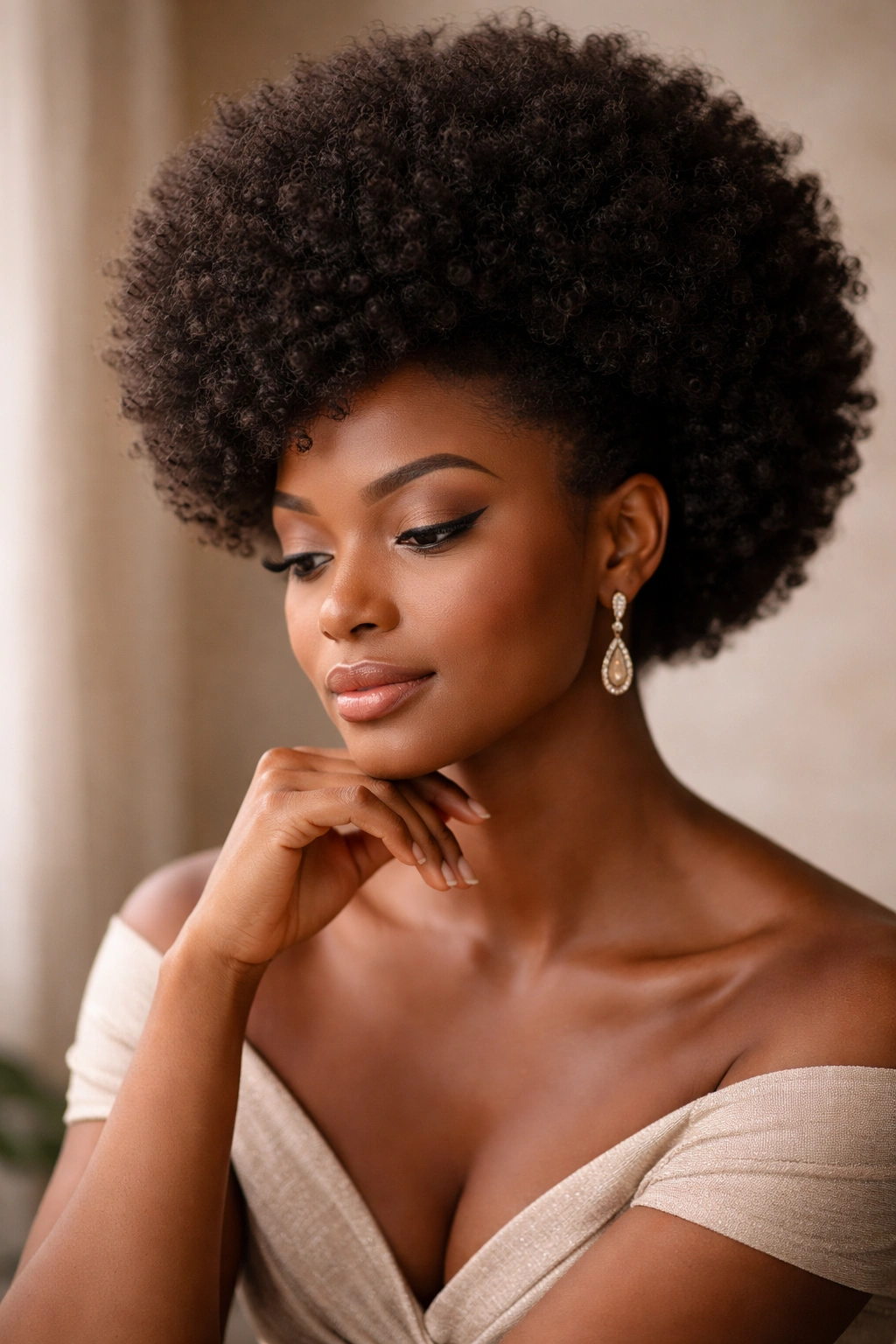 Contemplative portrait highlighting afro hairstyle in a calm studio setting.
