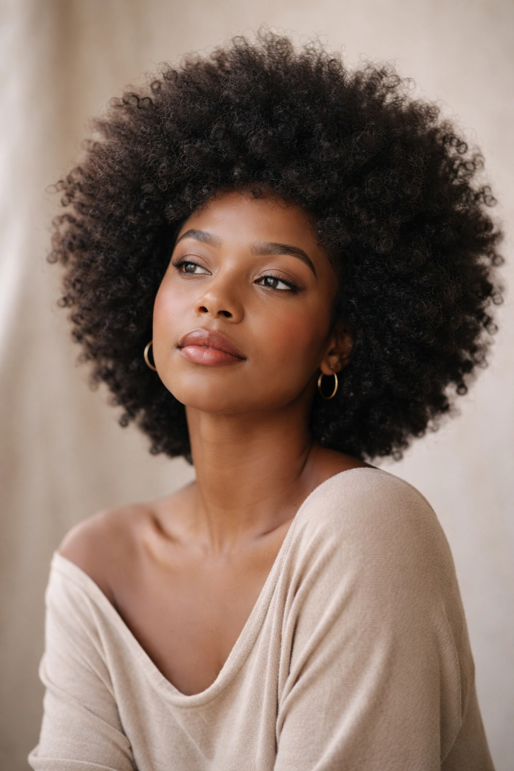 Contemplative portrait of a person with natural afro hair in a calm studio