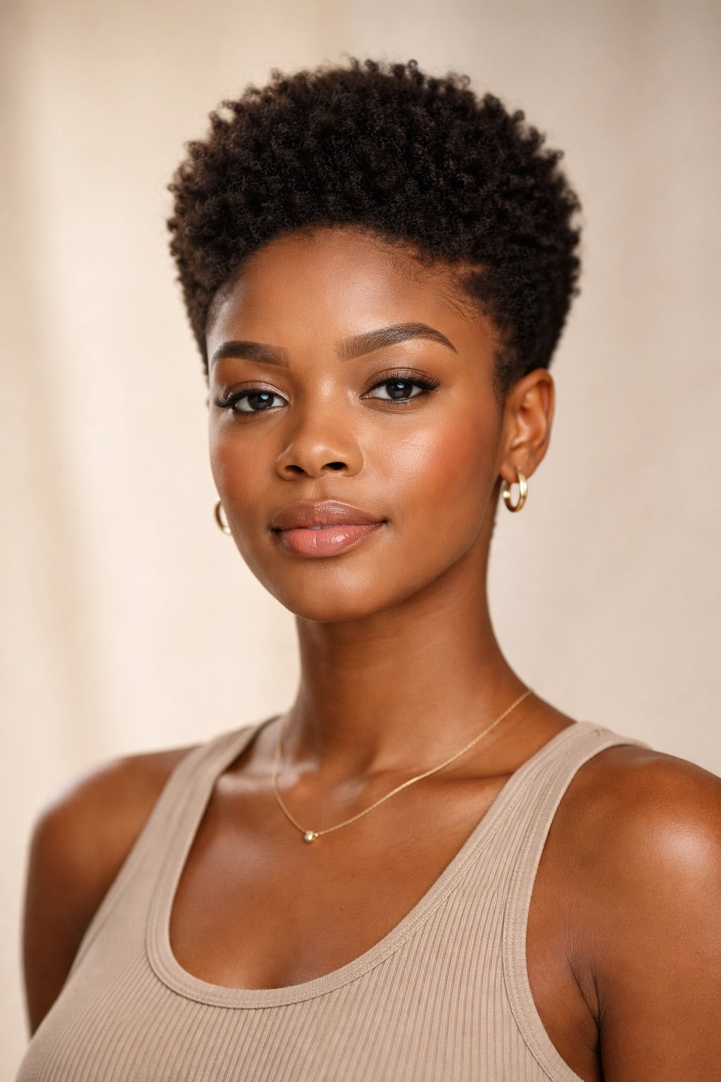 Contemplative portrait of a person with a short afro and crown height emphasis