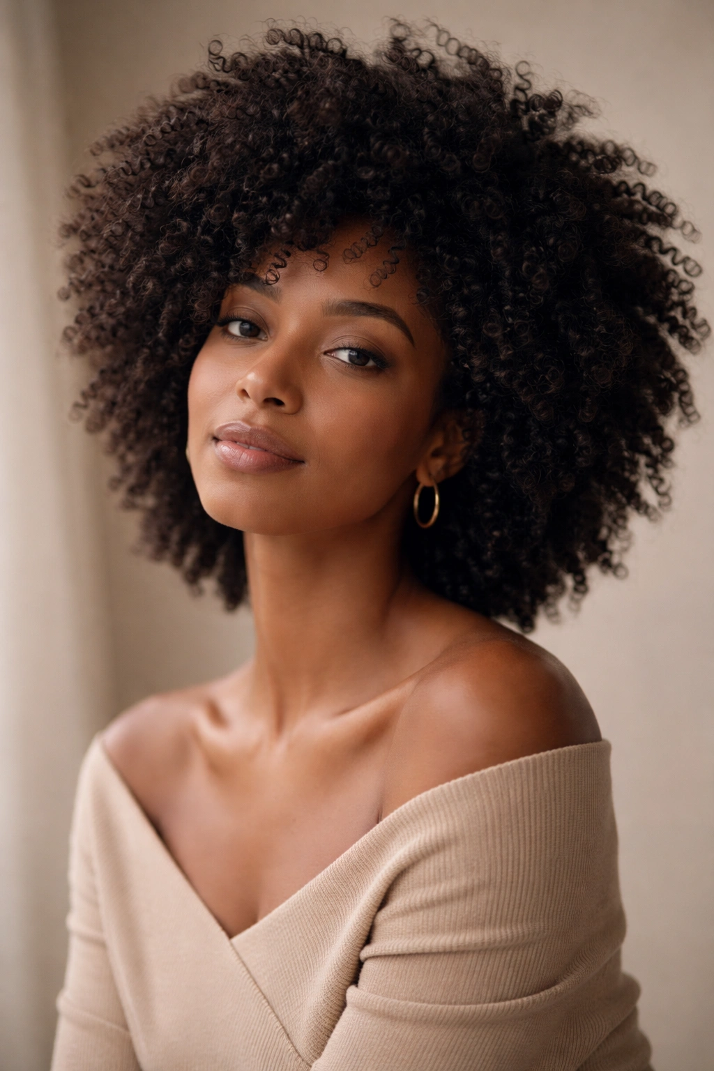 Contemplative portrait of a person with natural afro curls in a studio setting
