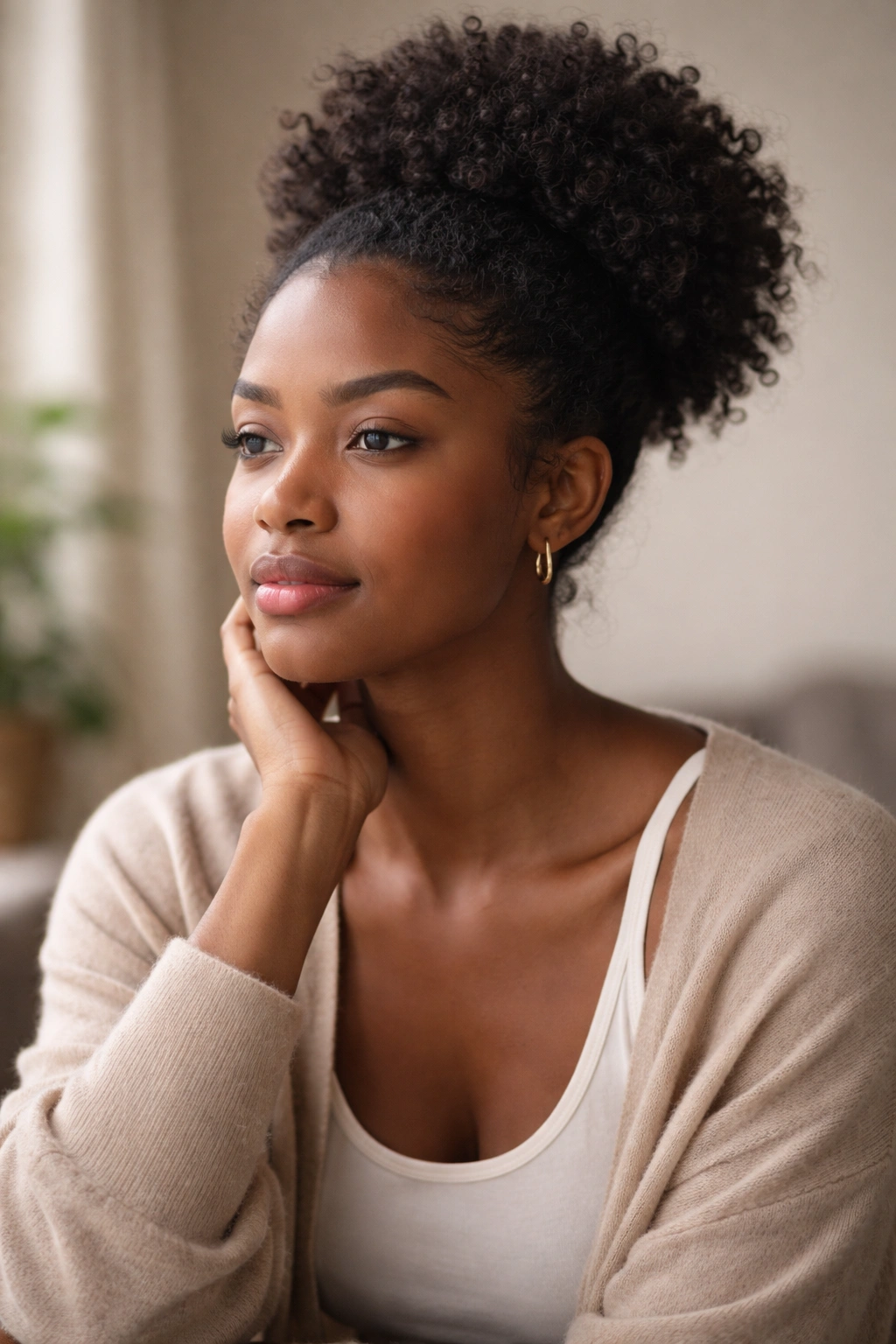 Contemplative portrait of a person with 4C hair in final thoughts pose