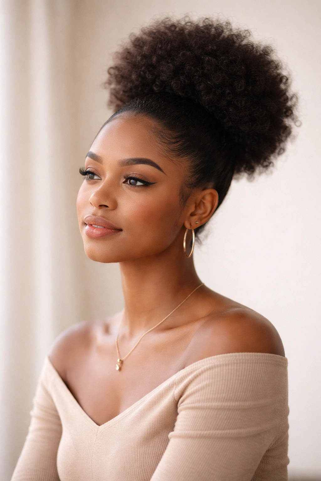 Calm studio portrait of a person with an afro puff, reflecting thoughtful mood