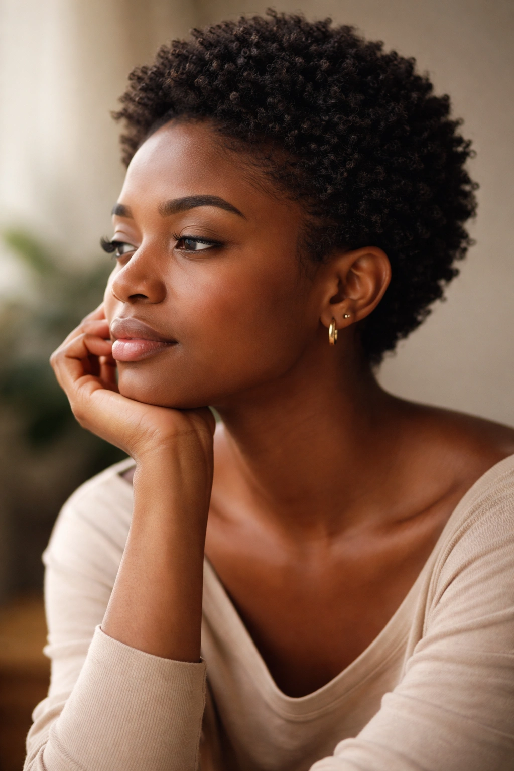 Contemplative portrait of a person with a short afro reflecting on hairstyle options