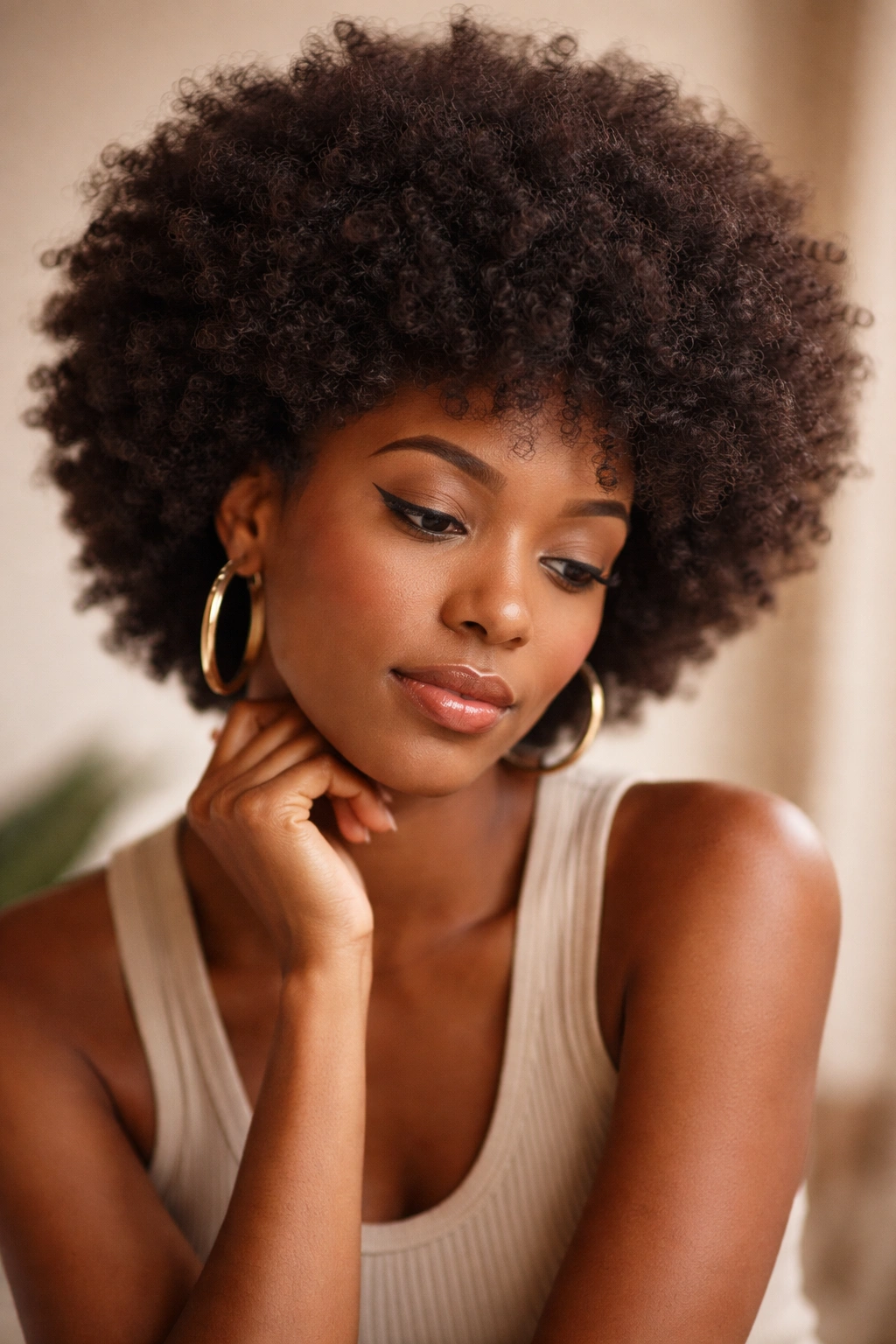 Contemplative portrait featuring a 90s-inspired natural Afro hairstyle.