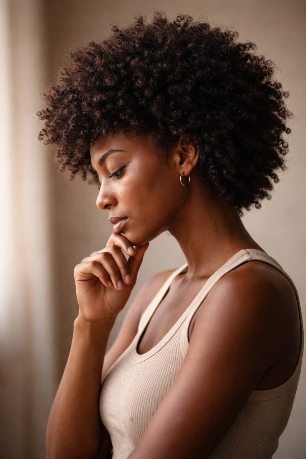 Contemplative silhouette of a person with afro hair