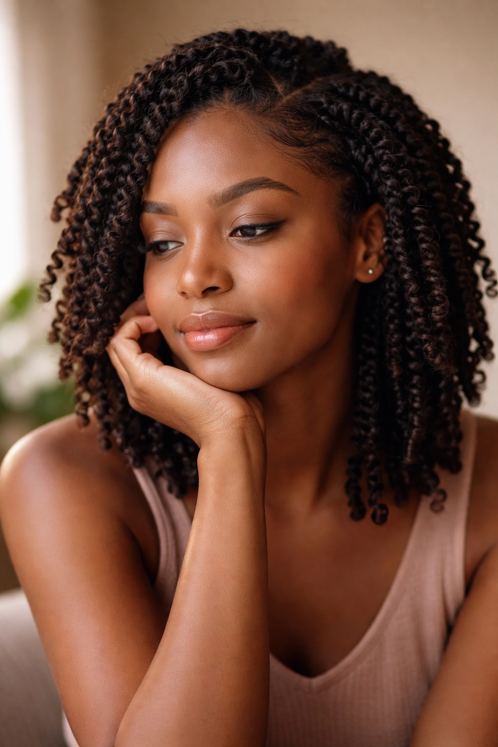 Serene portrait of a person with natural hair reflecting on afro twist styles