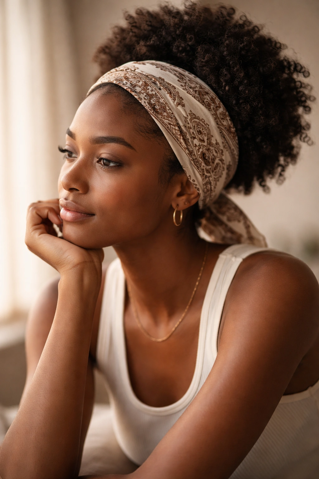 Contemplative portrait with simple bandana wrap suggesting final styling thoughts