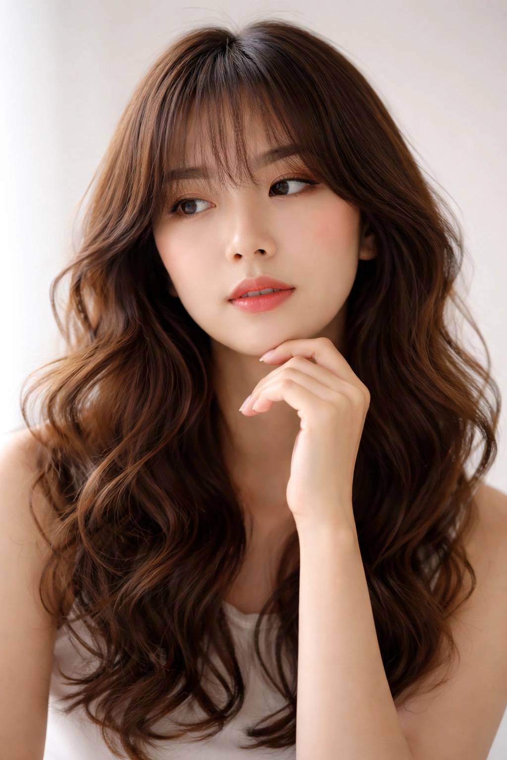 Thoughtful portrait contemplating Korean bang choices for wavy hair.