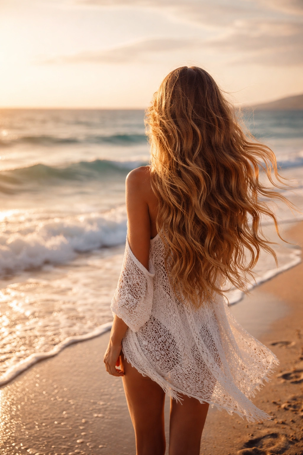 Solitary silhouette on a beach with long wavy hair in golden hour light