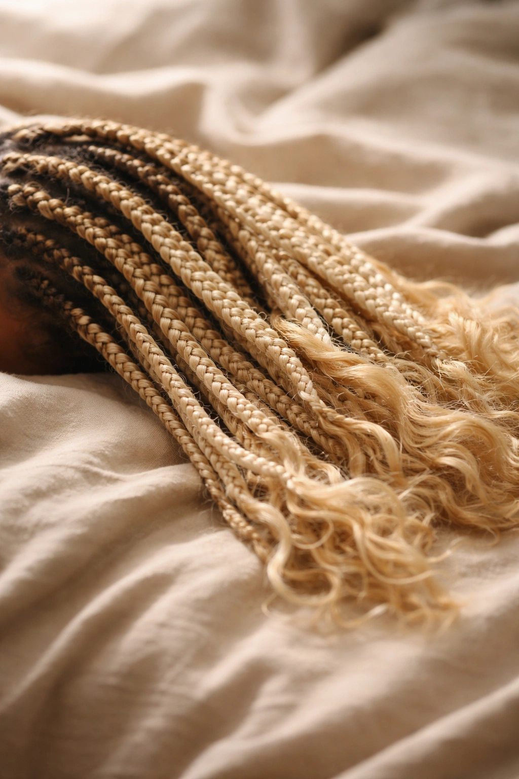 Calm scene of blonde Afro braids resting on soft fabric