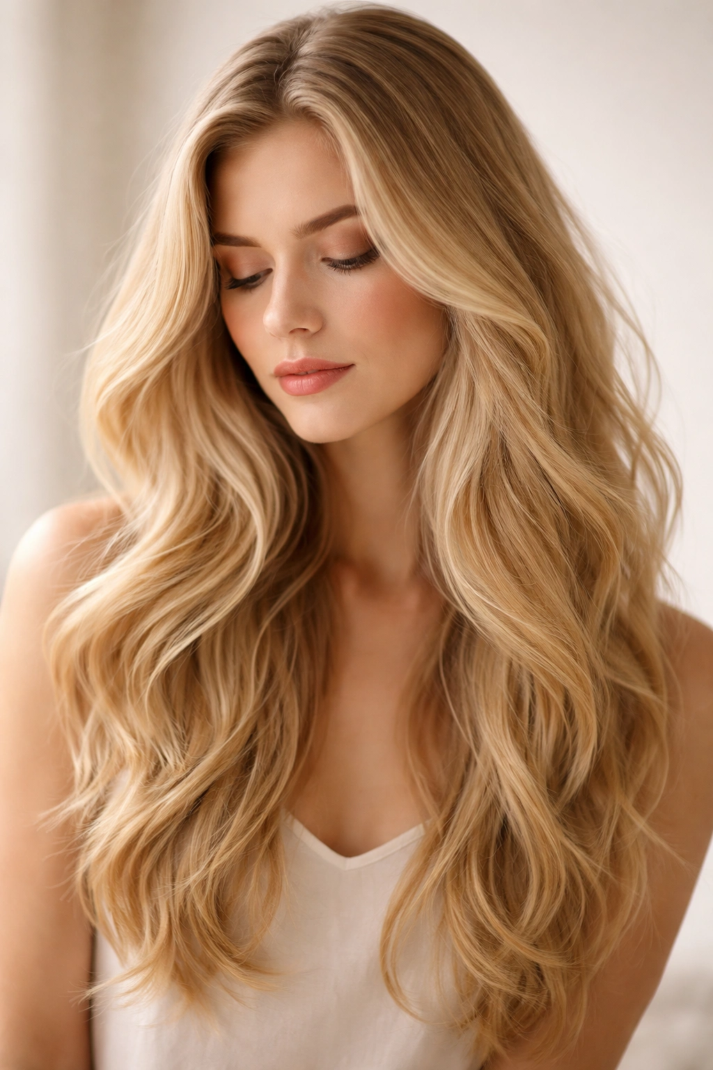 Contemplative portrait focusing on long blonde waves