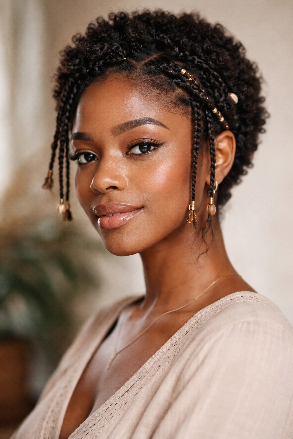 Person with short Afro hair in a contemplative pose, boho-inspired style