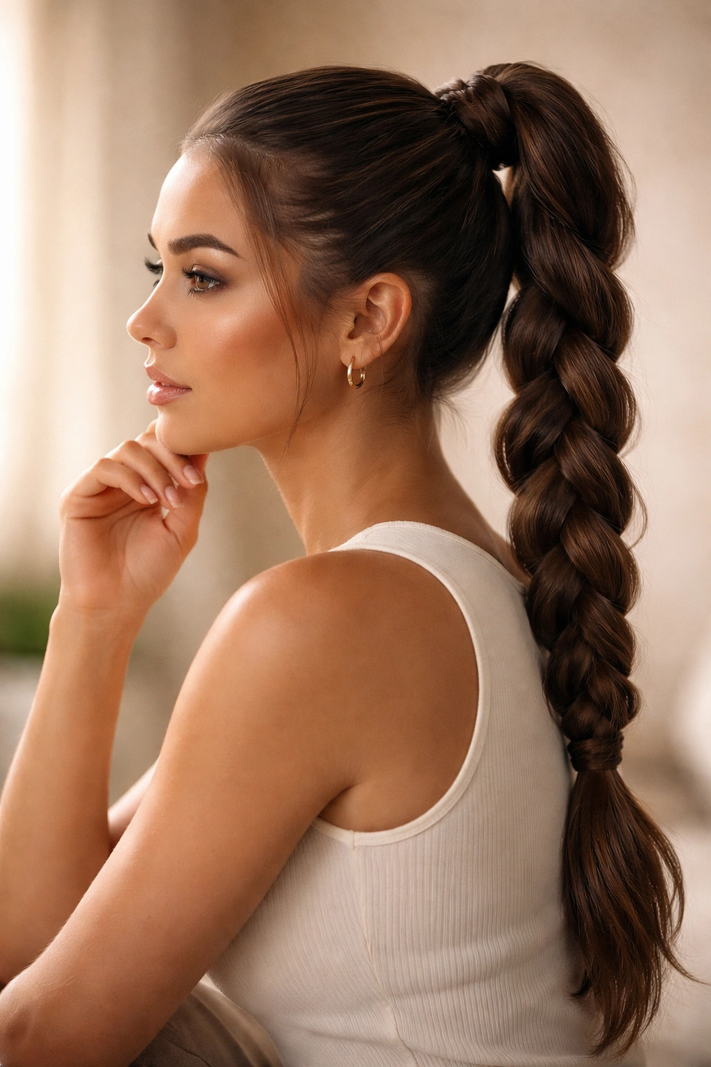 Portrait of a person with a polished braided ponytail in a contemplative pose