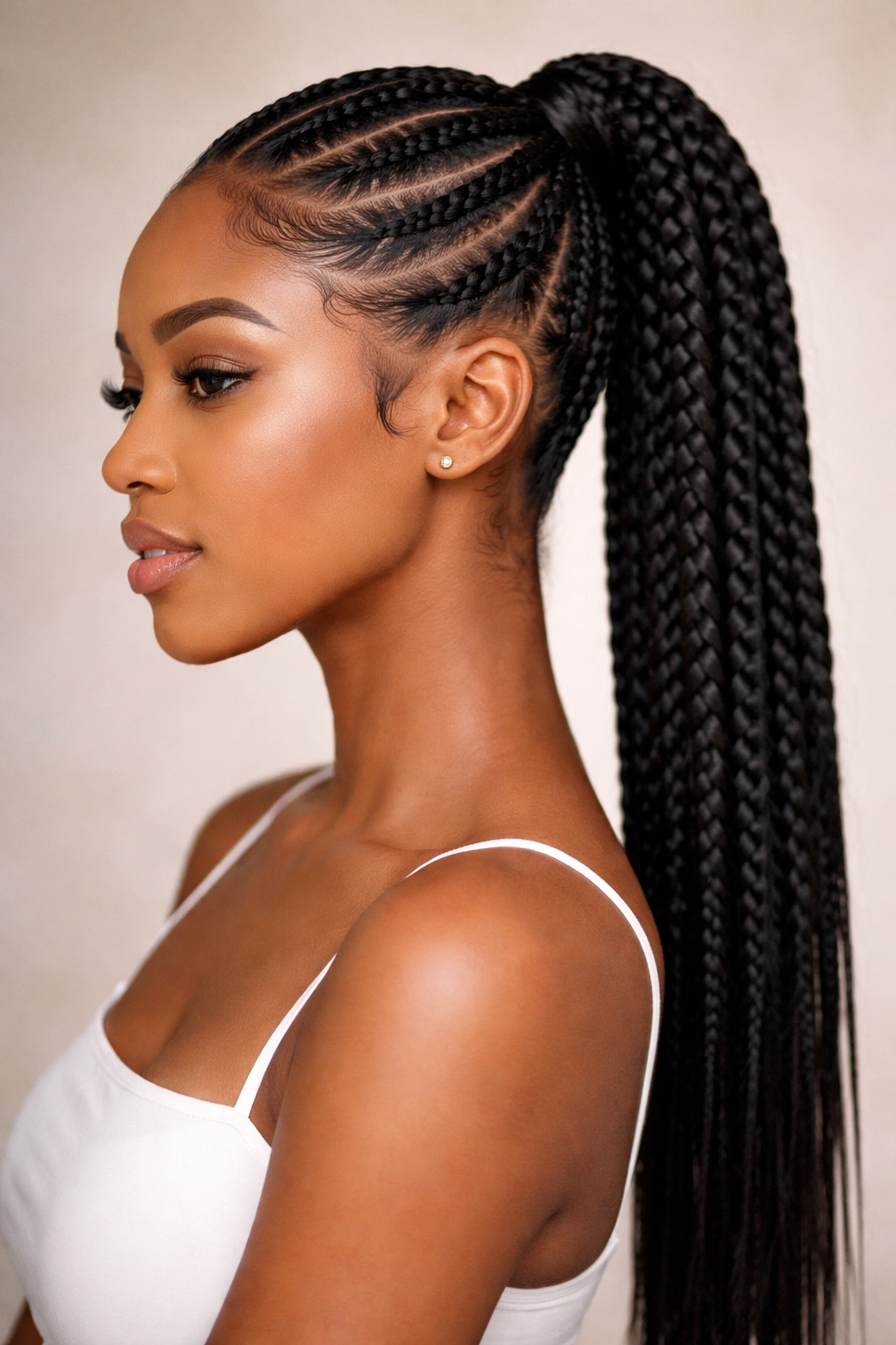 Studio portrait of a neat feed-in braid ponytail with perfect edges