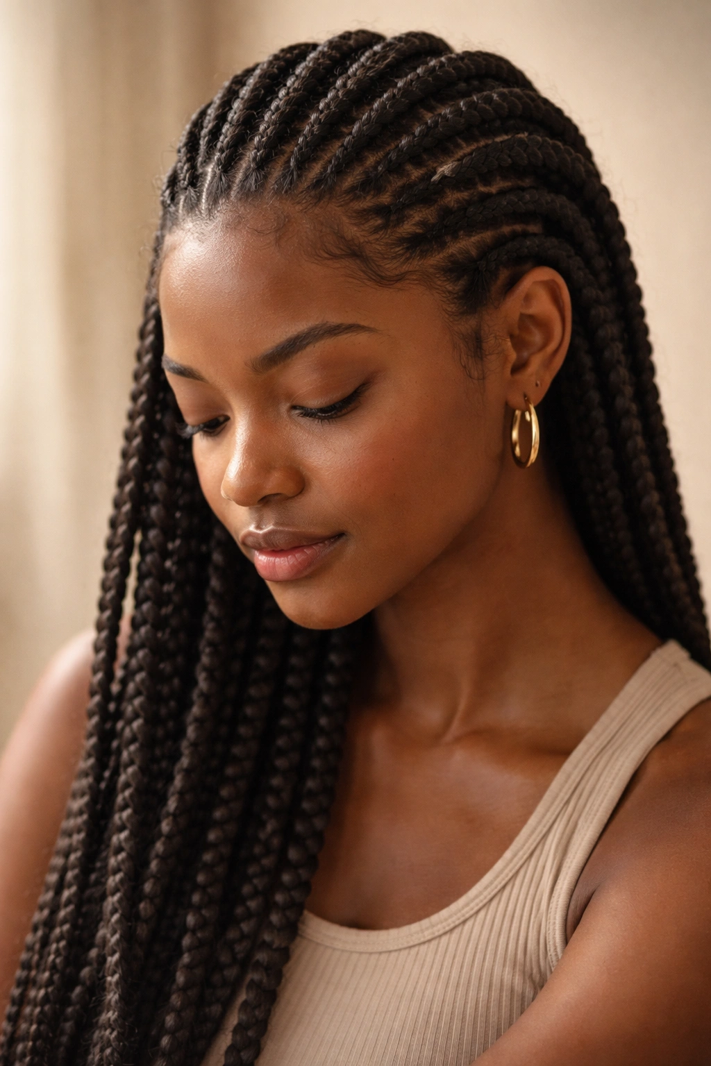 Portrait of a person with natural braided Afro hair in a contemplative pose
