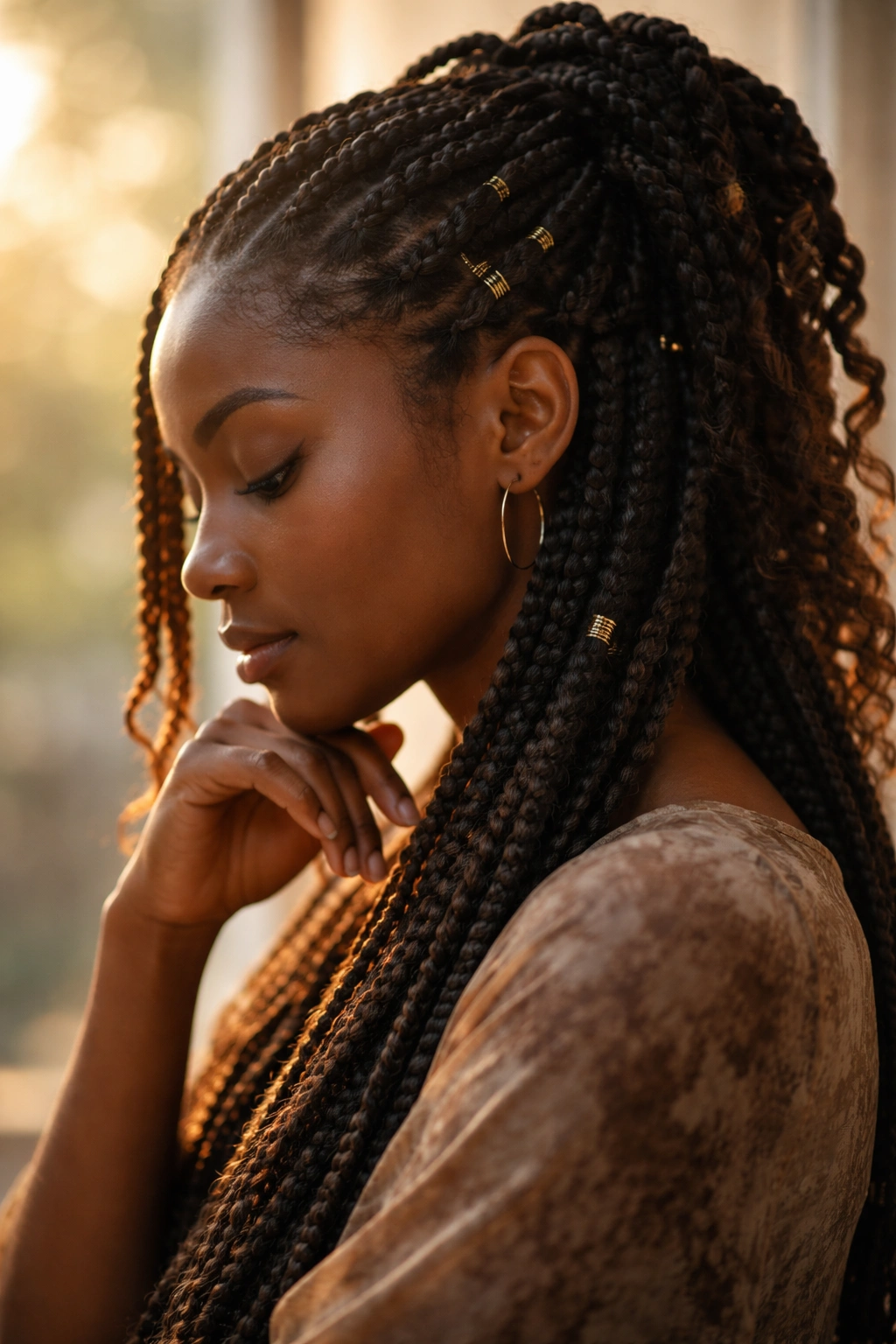 Profile view of person with kinky braids in calm pose