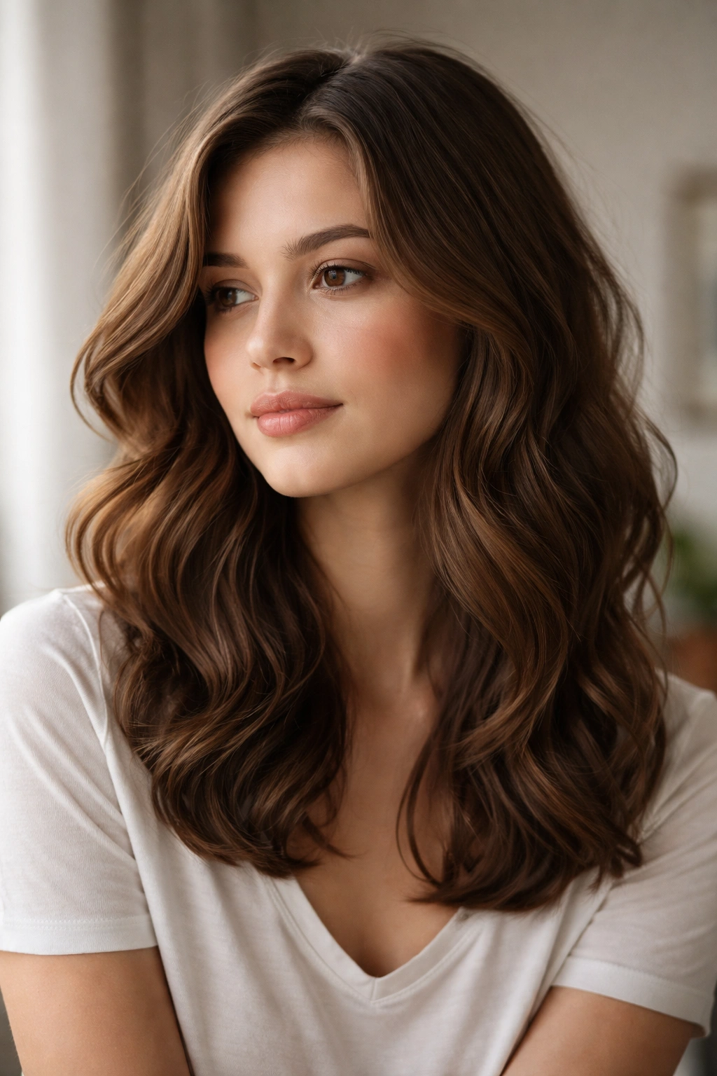 Portrait of a thoughtful person with brown wavy hair in a calm studio setting