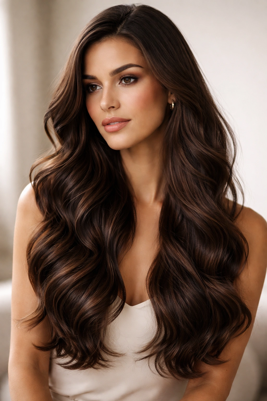 Contemplative brunette portrait emphasizing versatile long waves