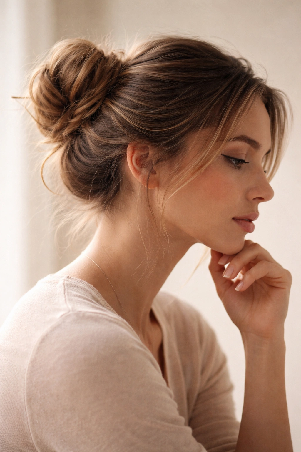 Profile of a person with a neat bun, reflecting thoughtfully