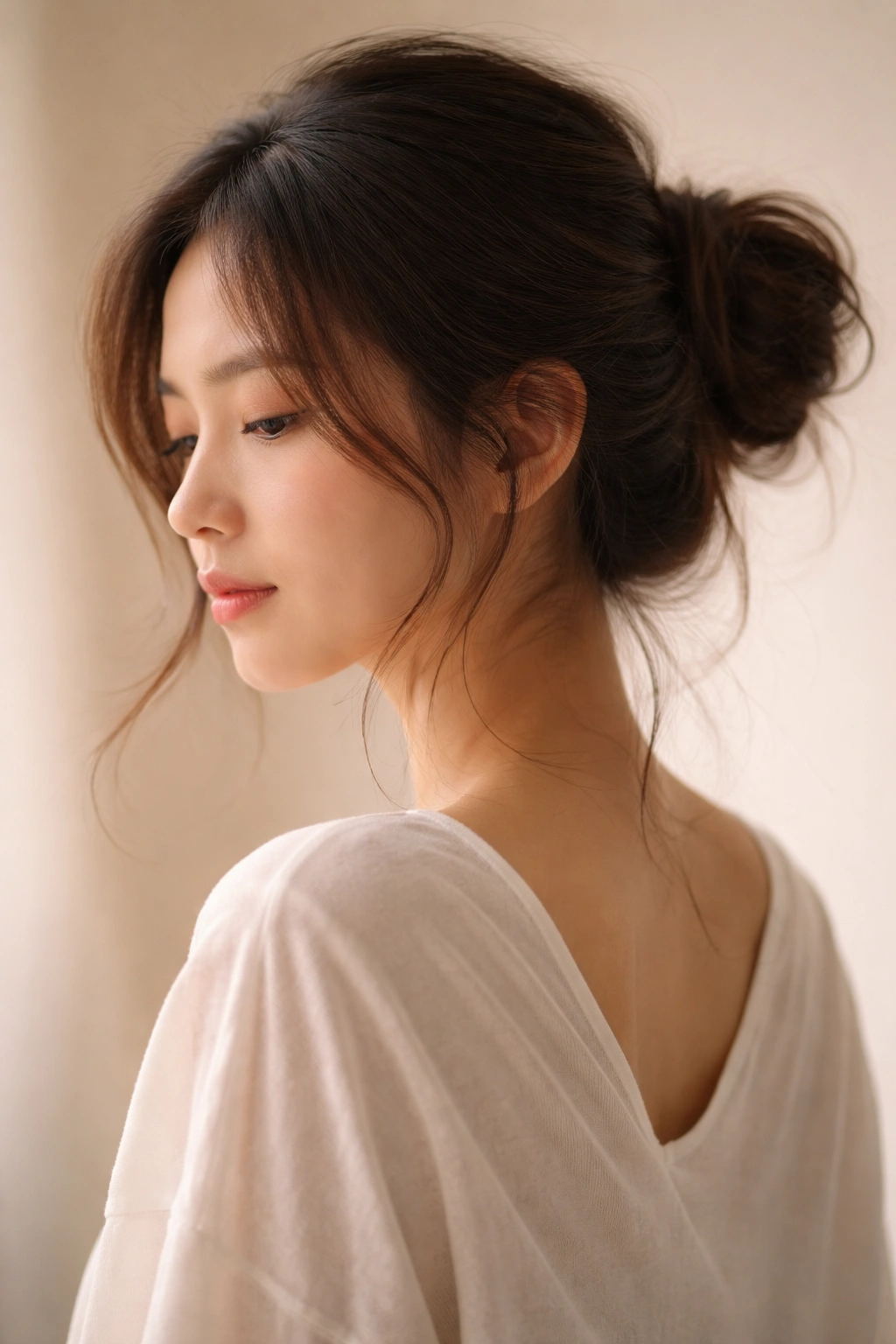 Portrait of a person with a loose low bun in warm lighting, conveying contemplation.